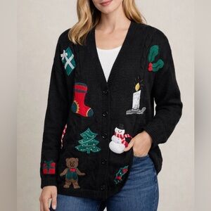 Lucia Vintage Women’s Size M Black Patchwork Christmas Sweater Cardigan Appliqué